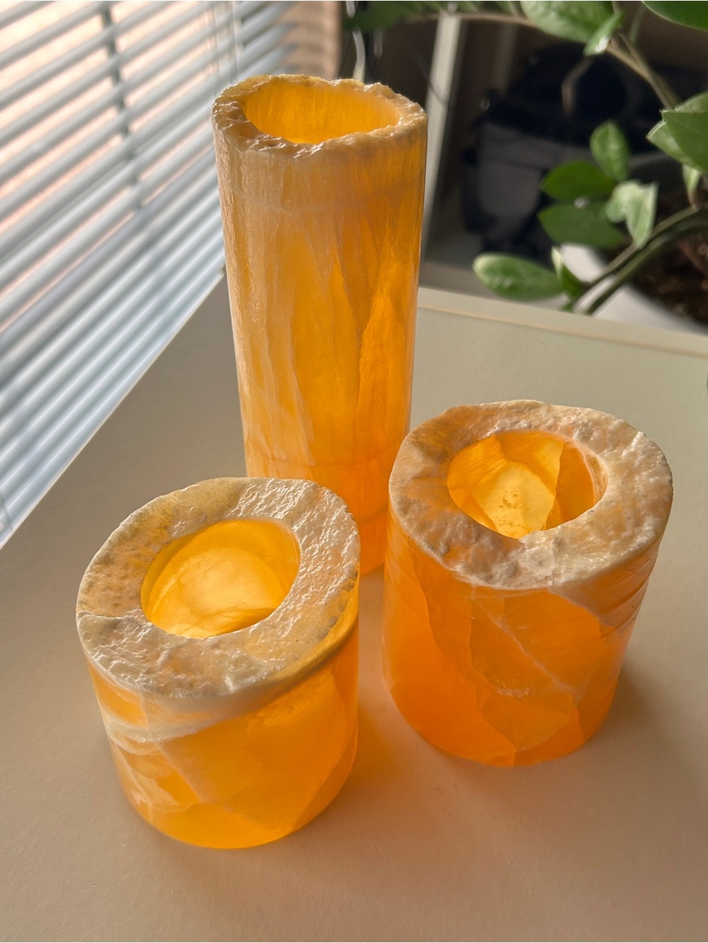 Orange Calcite Crystal Cylinder Tower Hurricane Tealight Candle Holder Set of 3